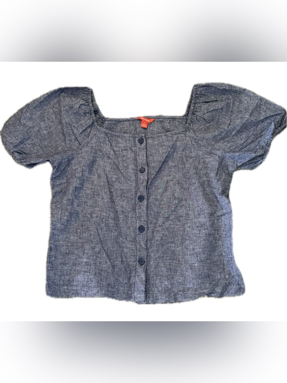 Joe Fresh Navy Chambray Button-Front Puff Sleeve Top